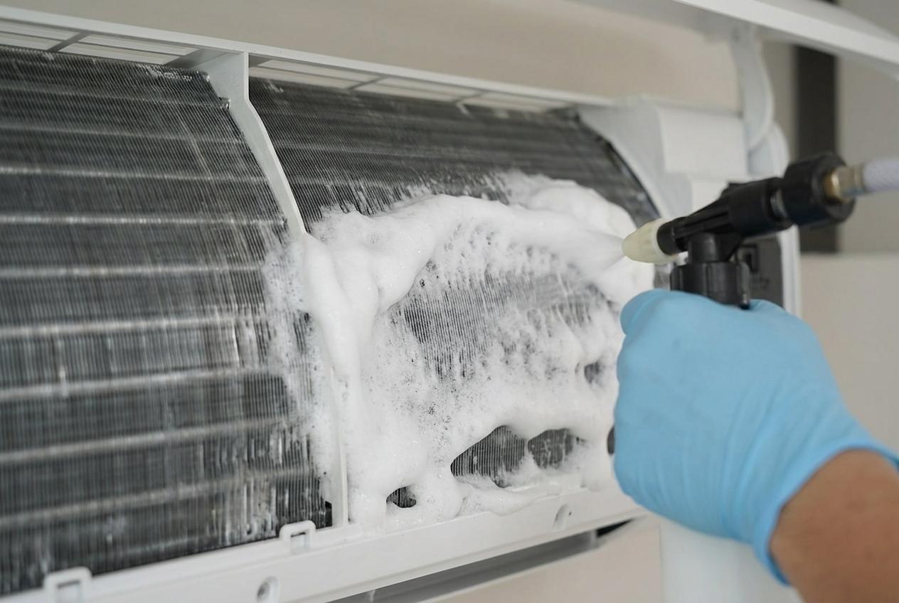 Chemical wash foam cleaning cooling coil